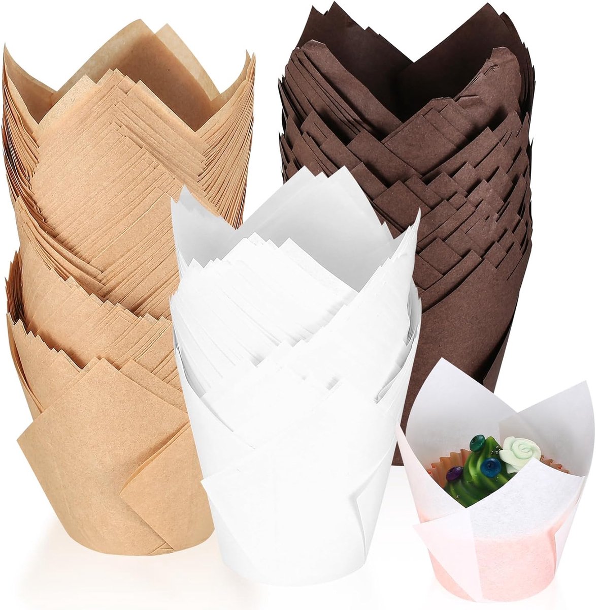 200 stuks tulpenvormige muffinvormpjes, cupcakevormpjes, muffinvorm papier, muffins papiervormpjes, bakvormpjes, cupcake bakbekers, muffinvormen papier voor bruiloft, verjaardag, communie, feest
