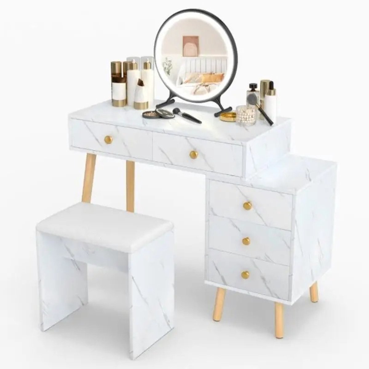 Dailygoods Kaptafel met verlichting, kaptafel met afneembare spiegel, 3 verlichtingsmodi, 5 laden, wit