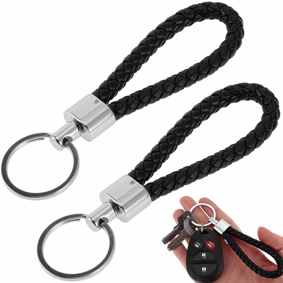 Dailygoods- Sleutelhanger Leer - Gevlochten Sleutelhanger - Sleutelhanger Auto - Sleutelhanger Volwassenen - Set van 2 - Zwart - Autosleutelhanger