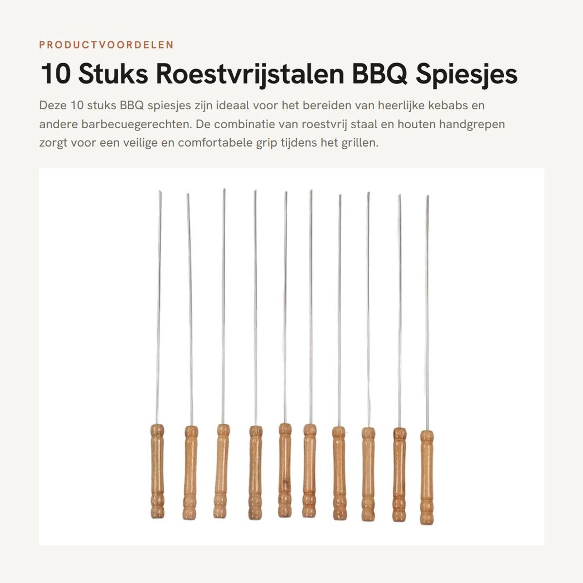 Dailygoods- Kabob Spiesjes 10 Stuks - Houten Handgreep - Roestvrij Stalen Spies - Herbruikbare BBQ Spiesjes - Lichtgewicht - Ideaal voor Outdoor Barbecue - Barbecueprikkers
