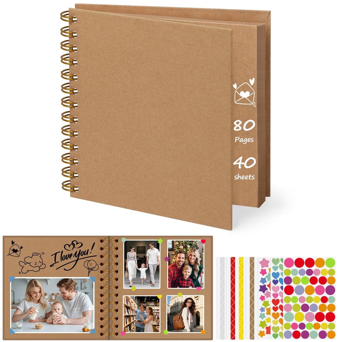 Dailygoods - Flintronic Scrapbook fotoalbum, 80 pagina's doe-het-zelf plakboekalbum, harde kaft, kraftpapier, 17 x 17 cm geheugenboek voor bruiloft, jubileum, verjaardag, reizen, vrienden, baby en cadeau (bruin)
