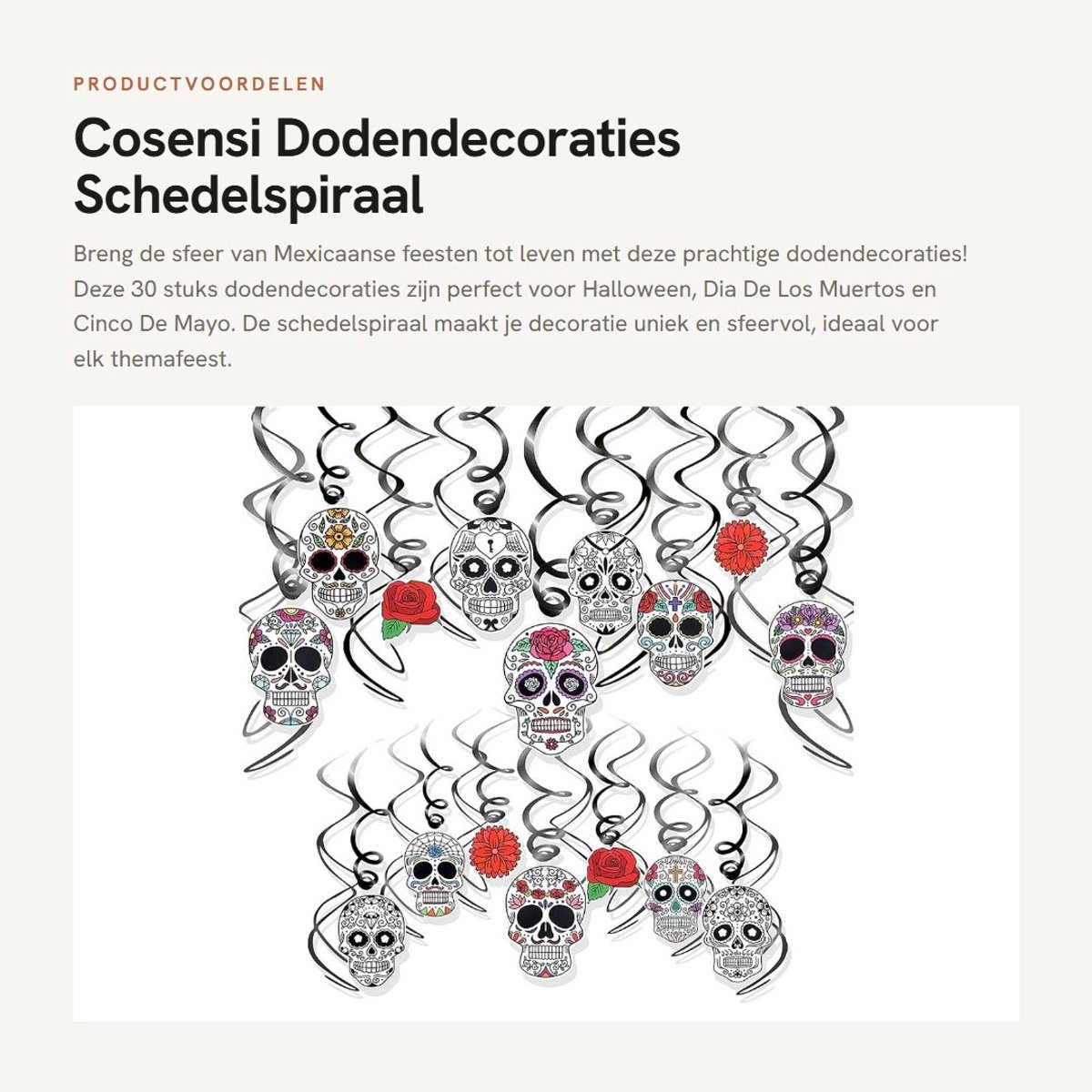 Dailygoods- Dodendecoraties 30 Stuks - Schedelspiraal - Hangdecoraties - Halloween - Dia De Los Muertos - Mexicaans Feest - Inclusief Haken - Feestdecoraties