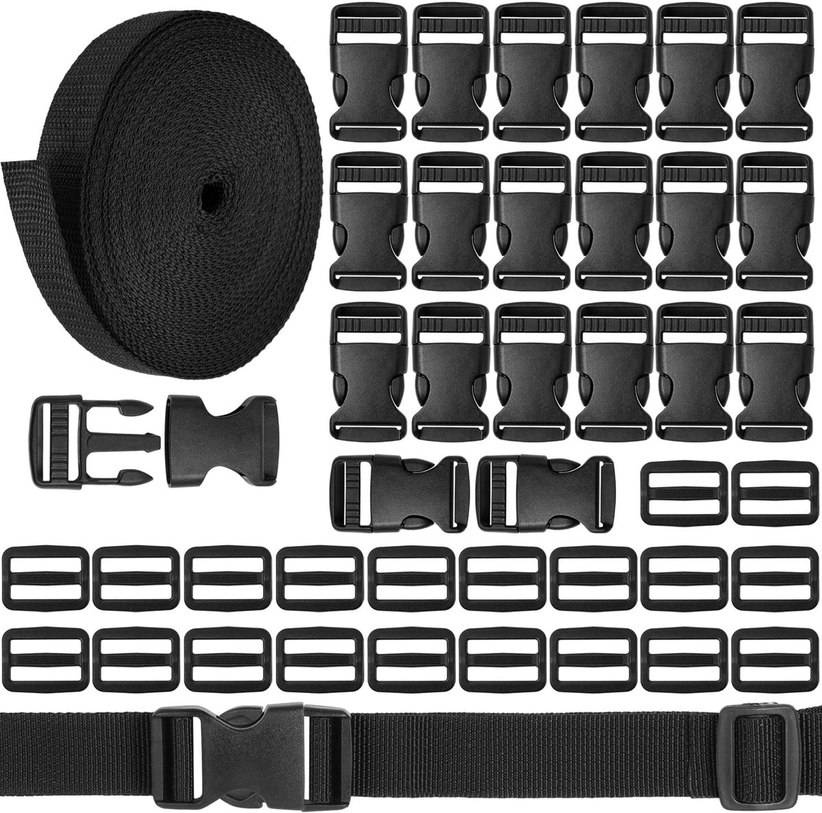 Webbing Set, 15M x 25mm Nylon Webbing, 20 stuks Gesp, Zwarte Nylon-Webbings met Gespen, Verstelbare NylonWebbings voor Rugzak DIY Craft Hondenhalsband
