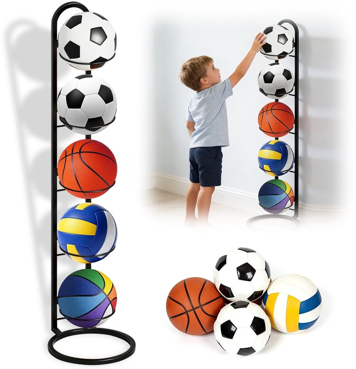 Dailygoods - 5-traps balstandaard, zwart, verticale balopslag, afneembaar balrek, balhouder van metaal, stabiel en robuust, voor basketbal, voetbal, volleybal, sportuitrusting organizer