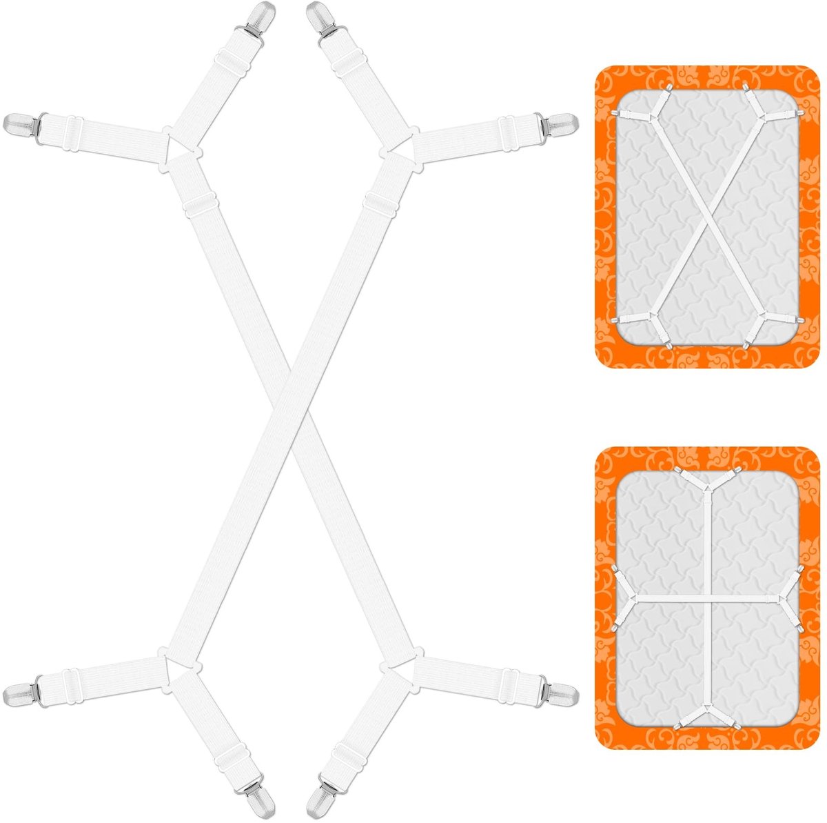 Dailygoods - Hanyousheng Hoeslaken riemen clips houder, lakens clips, verstelbare lakens bevestigingsmiddelen grijpers, kriskras hoeslaken riemen voor beddengoed, matraslakclips bandjes (2 stks/set, wit)