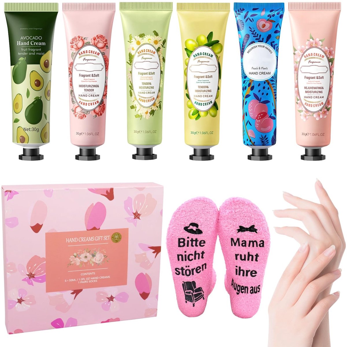 Dailygoods- Handcrèmeset 6-delig - Mini-handcrème - Sokken met tekst - Natuurlijke kruidenformule - Cadeau voor moeder - Kerstcadeau - Verzorgingsset