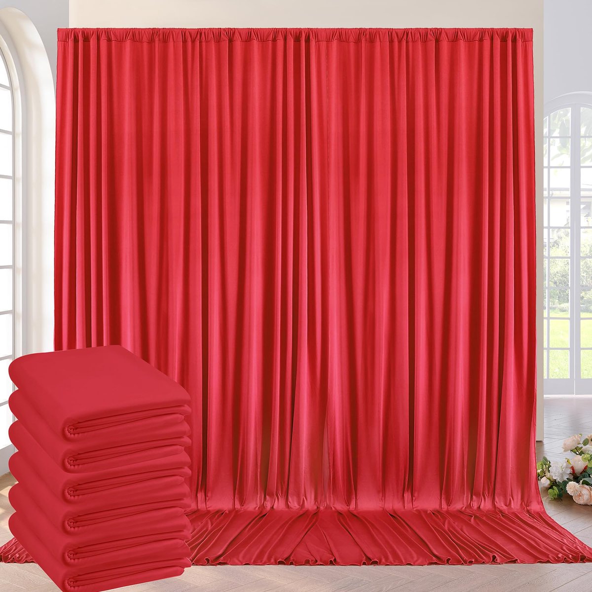 9 × 3 m, rood achtergrondgordijn, decoratie voor bruiloft, feest, verjaardag, fotoachtergrond, 6 panelen van 1,5 × 3 m, zacht, zijdeachtig, kreukvrij, rood, voor achtergrond, voor thuis