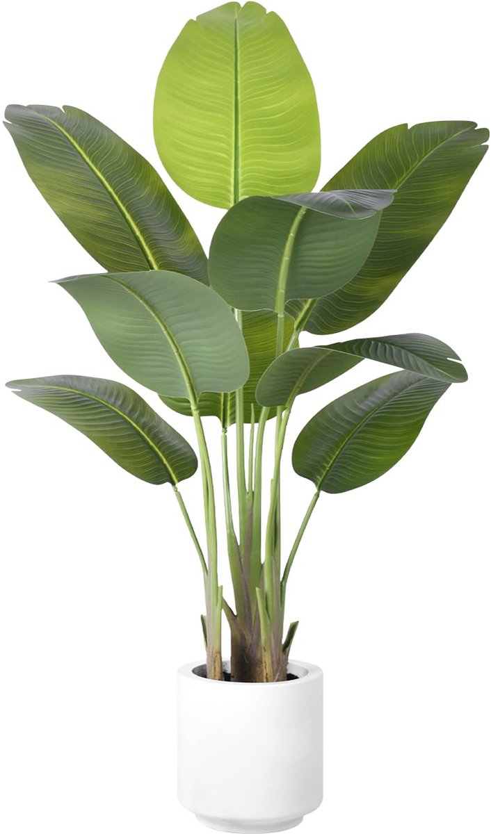 Kunstmatige Paradijsvogelplant 120cm Grote Kunstmatige Planten Buiten Grote Nepplant met Witte Pot Nepplanten voor Binnen met 9 Bananenbladeren voor Decoratie Kantoor Thuis Slaapkamer Woonkamer