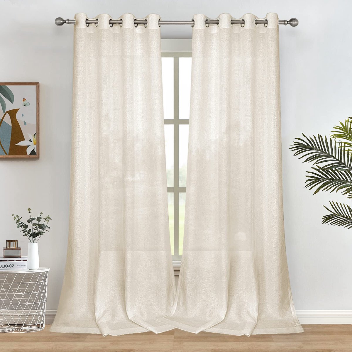 Natuurlijke beige semi-transparante gordijnen 213 cm lang voor woonkamer slaapkamer vlas linnen tule voile gordijnen, 132 bij 213 cm (2 panelen)