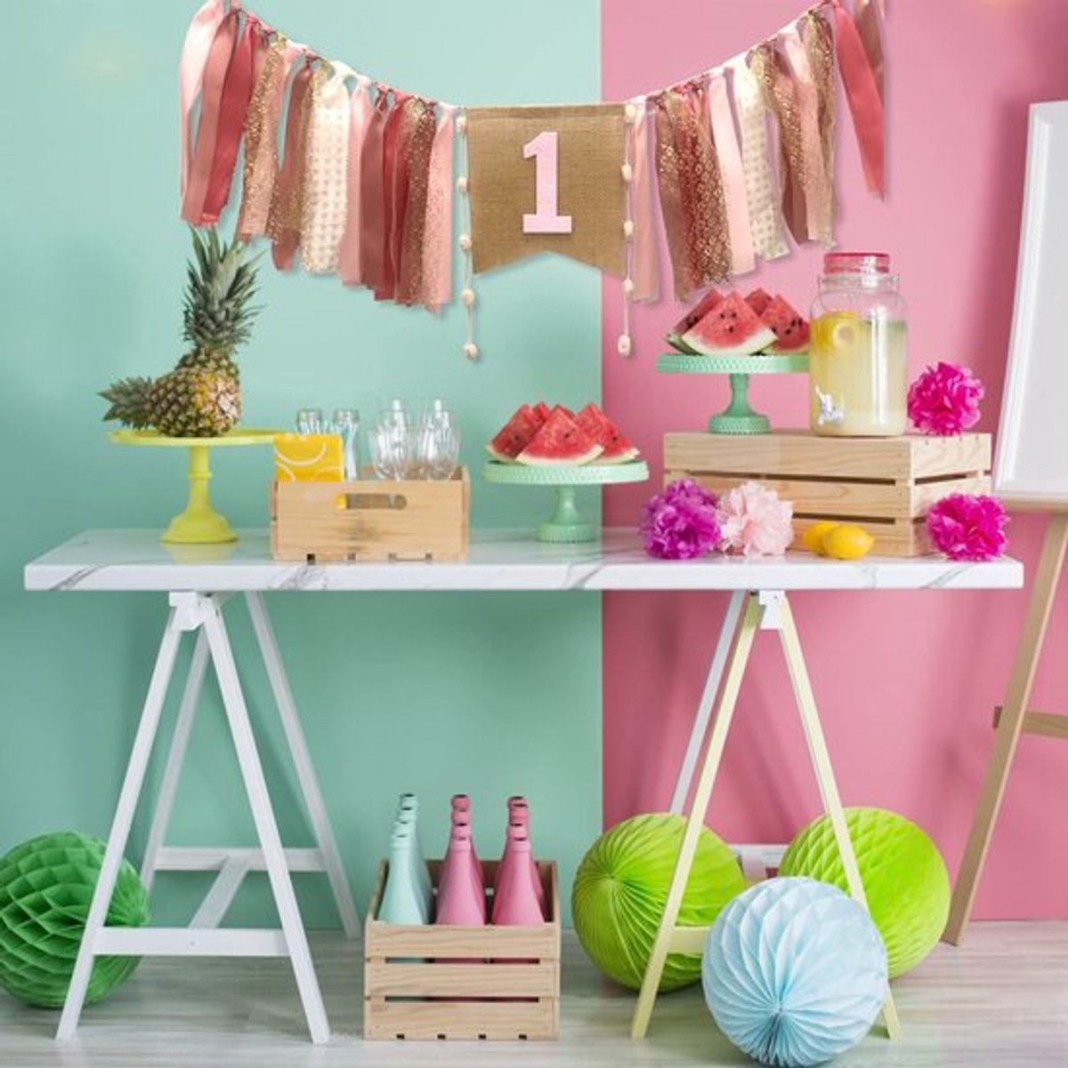 VT Goods - Kinderstoel Decoratie - Eerste Verjaardag - Roze Banner