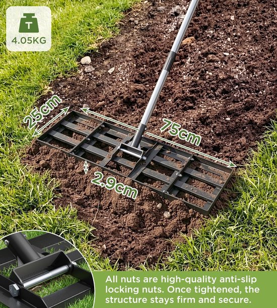 75 x 25 cm, met verstelbare lengte, nivelleringshark met 190 cm roestvrijstalen steel, robuuste en energiebesparende gazonrakel voor tuin, binnenplaats, golfbaan, moeiteloos egaliseren van — afbeelding 2