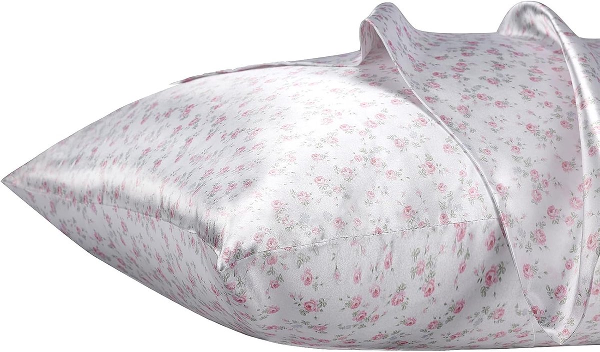 Zijdeachtige Satijnen Kussenhoes met Rits, Polyester Satijnen Kussenhoes voor Haar, Gladde Bloemenprint met Roze Bloemen, 40 x 70 cm