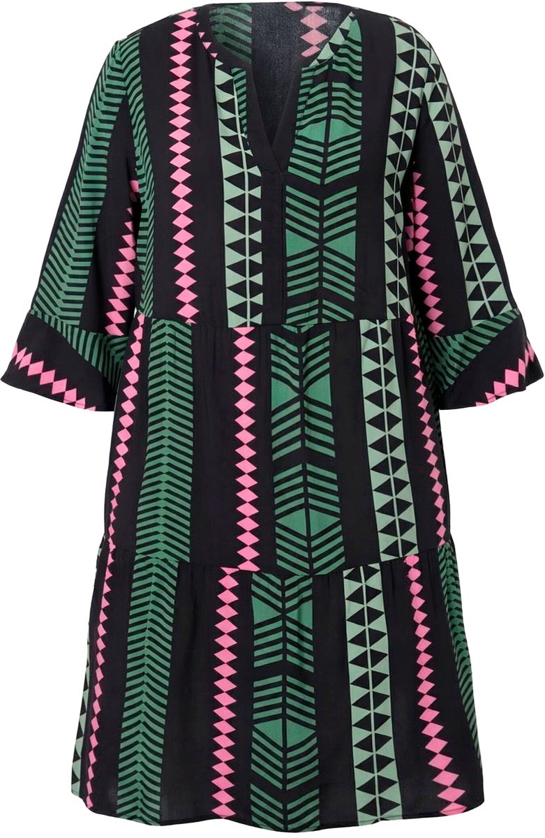 Ulla Popken Dames - Jurk grafische print tuniekhals 3/4-mouwen - Donker eucalyptus - Maat 46+