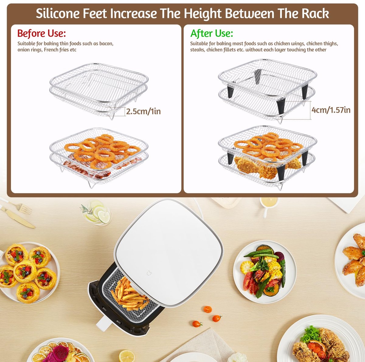 rek van 304 roestvrij staal, 20 cm stapelbaar, accessoires voor luchtfriteuse, vierkante toren, mand voor luchtfriteuse, grillmand