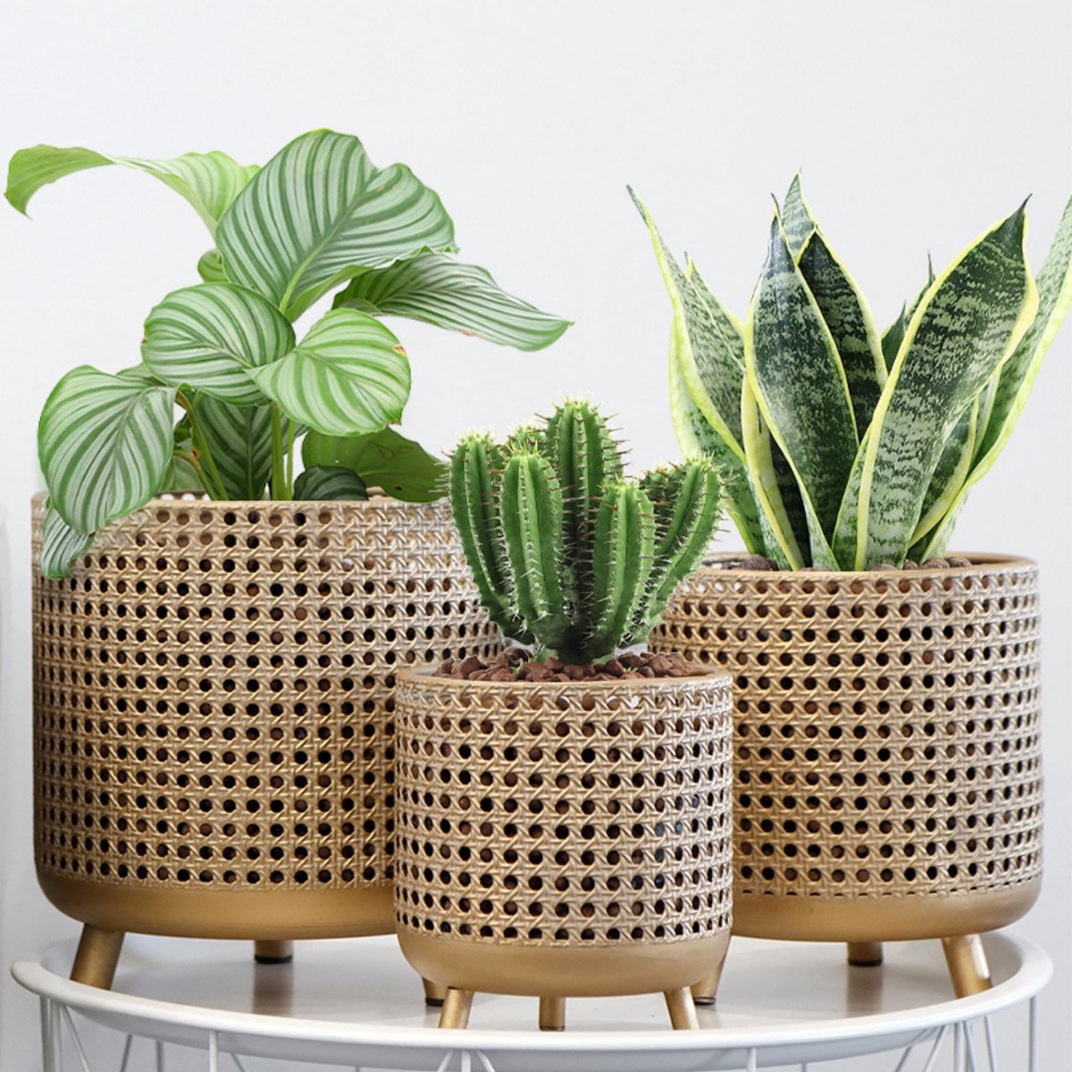 DESIGN Set van 3 Bloempotten, Metaal Decoratie, Bloempotten met Hol Ontwerp, Grote Plantenbakken voor Binnen en Buiten, Tuin, Thuis, Balkon, Leuning, Tuinplanten (Goud)