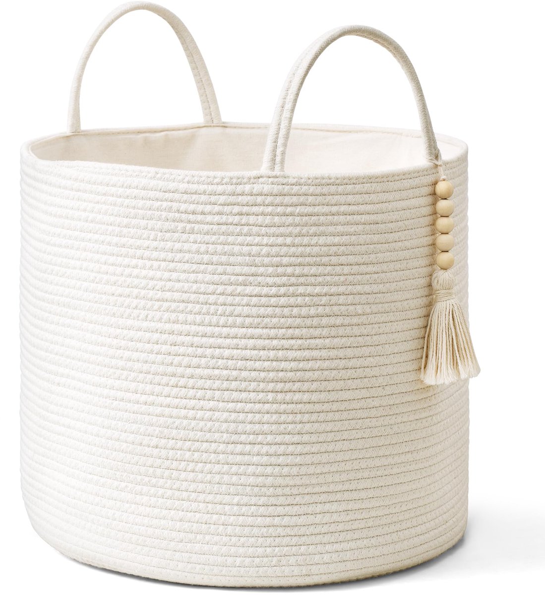 Mand, decoratieve natuurlijke touwmand, houten kralendecoratie voor dekens, speelgoed, kleding, schoenen, plantenorganisatorbak met handgrepen woonkamer woondecoratie wit, 40,6 cm