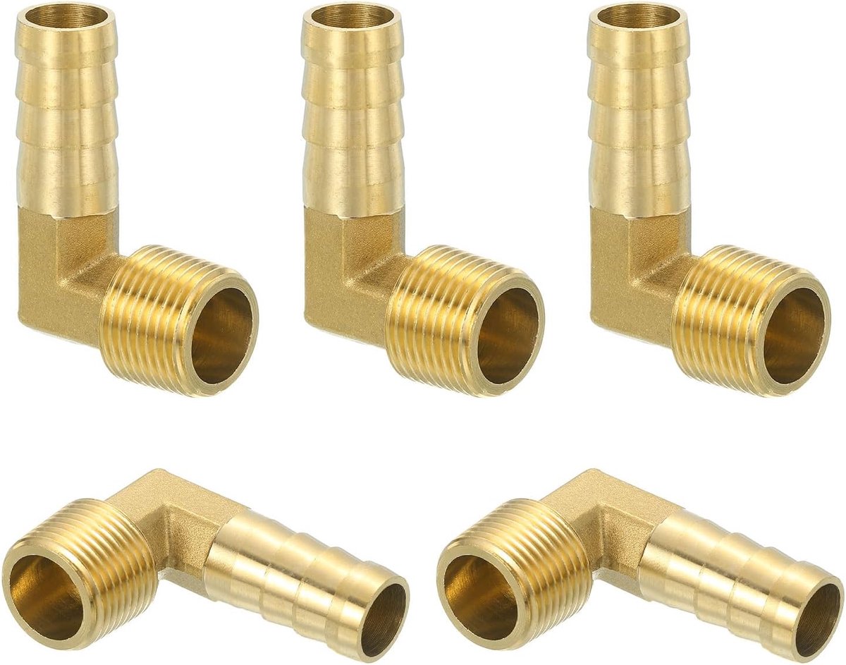 5 stuks messing slanghoekstuk, 1/2 inch slangtule x G 3/8 mannelijke messing slangtule, buisfitting adapter met band voor het verbinden van buizen, mechanische apparaten, uitrusting