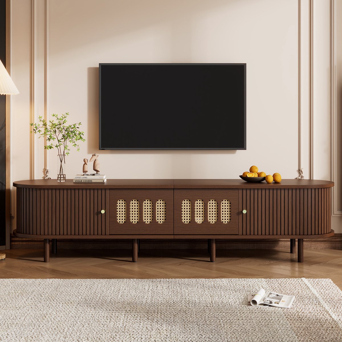 REDOM - TV-meubel - Ovaal ontwerp - 2 laden en 2 roldeuren - 8 steunpoten - Retro stijl - Woonkamer - MDF - Walnoot - 180 x 40 x 40 cm