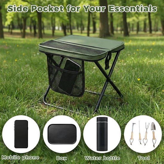 Draagbare Opvouwbare Kruk - 12 Inch Hoog - Inklapbaar Met Opbergzak - Handenvrij Dragen - Draagvermogen 300 Lbs - Ultralicht - Voor Wandelen, Vissen, Kamperen En Festivals - Groen — afbeelding 3