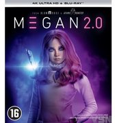 De M3GAN 2.0 4K Ultra HD Blu-ray hoes toont een meisje met paars haar en blauwe ogen dat een mes vasthoudt.