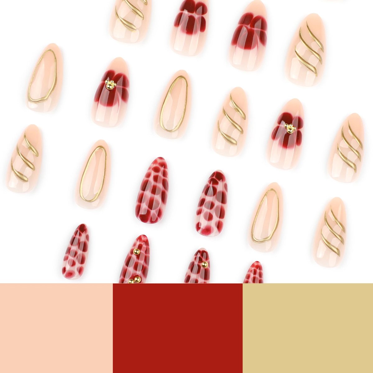 on Nagels Kort, Amandel Nude 3D Rood Bloemen Bloemen Goud Gestreept Golvend Design Amandel Y2k Nep Nagels met Nagellijm, Natural Red Flowers INS Kunstmatige Vingernagels