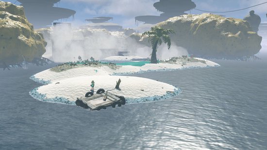 Klein eiland met een paar rotsen, een palmboom en een klein vlot met banden.