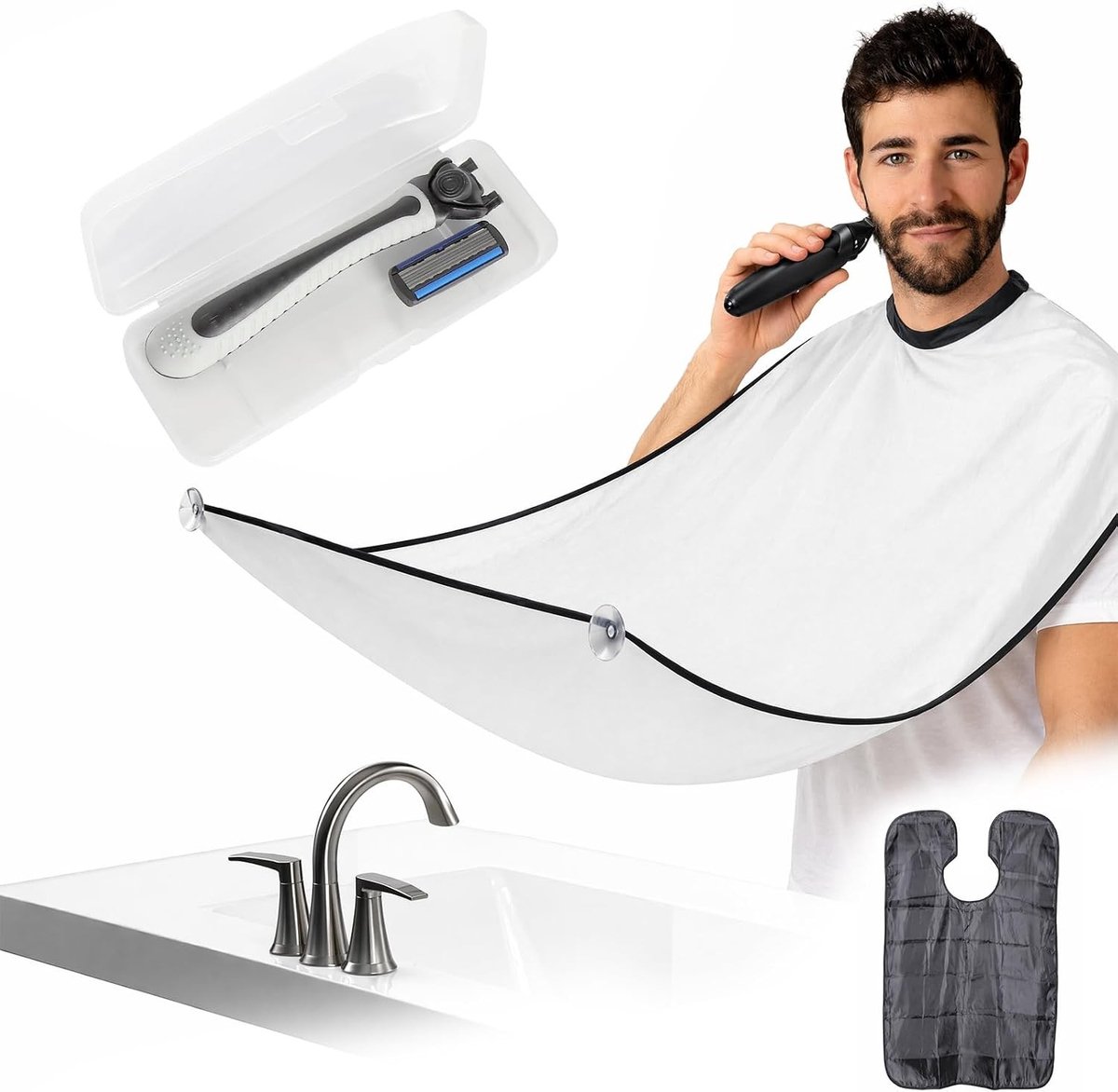 Waterdicht baardschort voor baardvorming en verzorging, met 3 zuignappen en verzameldoek, ideaal cadeau voor mannen, wit