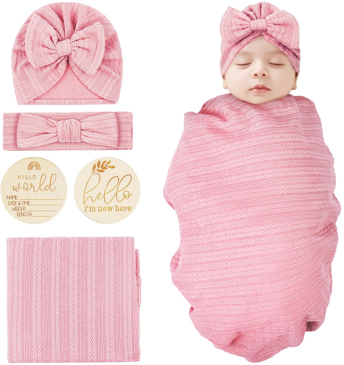Zachte en Ademende Baby Swaddle Deken van Biologisch Katoen met Bijpassende Hoofdband en Strik voor Pasgeborenen - Roze