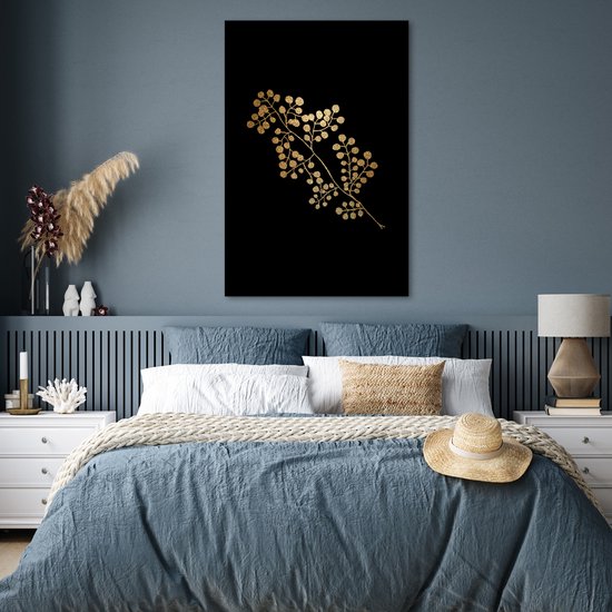 Branche à feuilles rondes dorées sur fond noir 80x120 cm