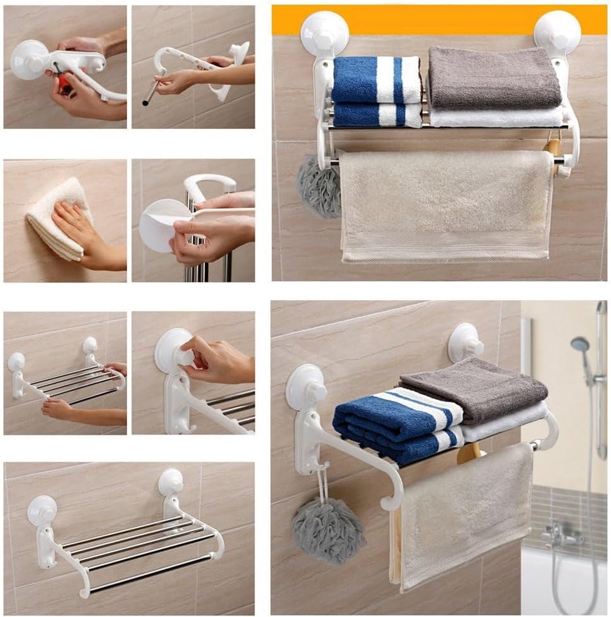 Handdoekenrek Legplank, Hang stang en 2 Ophang Haken - Muur / Wand Bevestiging met Zuignappen - handdoekhouder Badkamer - Wand Handdoeken rek Stang Houder - Handdoek rek - Handoekstang - Zonder Boren & Schroeven - Decopatent
