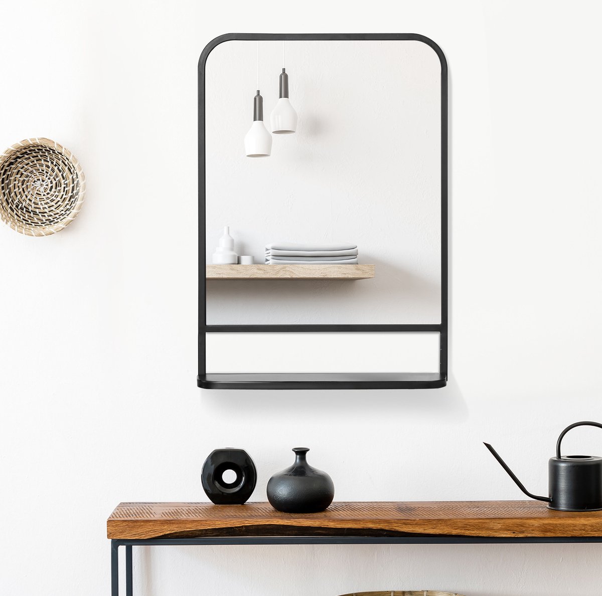 MEUNIQ wandspiegel met plank 70 x 50 cm rechthoekig zwart, metalen frame met afgeronde hoe