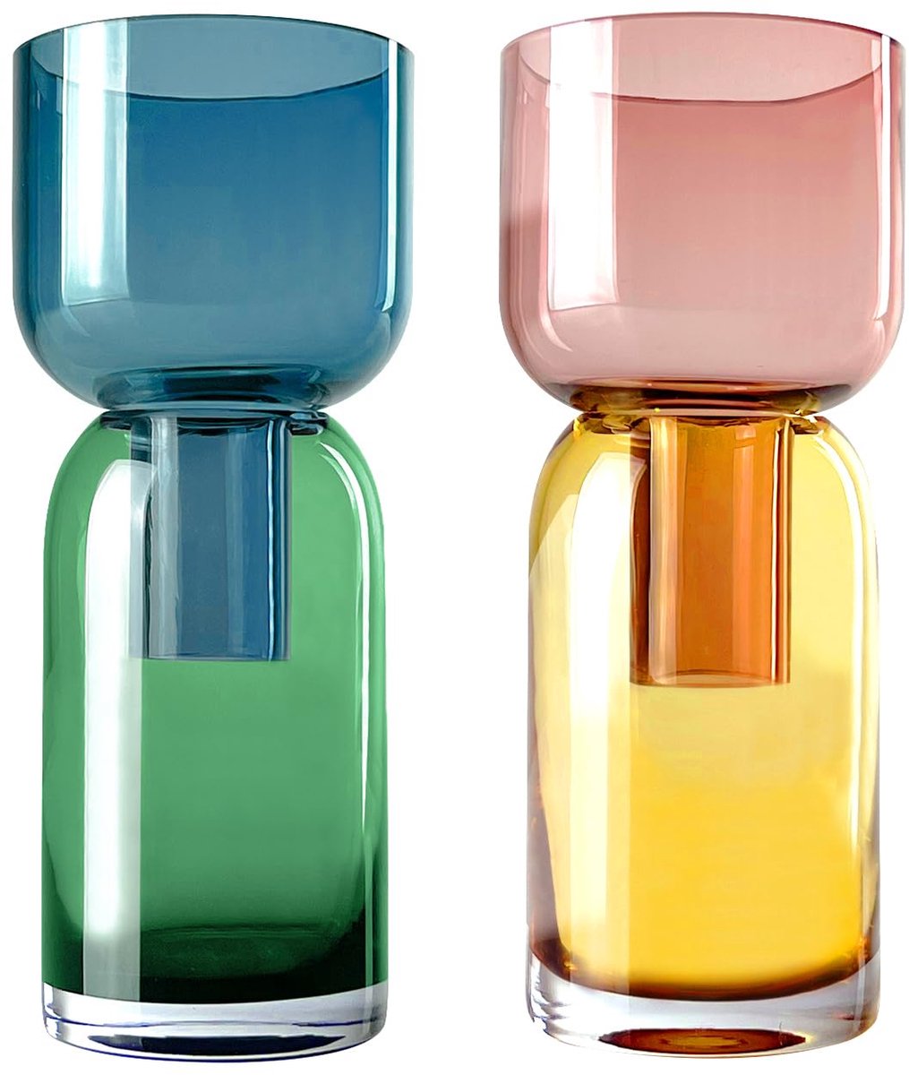 Vaas en knopvaas, set van 2, blauw & groen en roze en geel, ideale cadeauset, voor thuis, bruiloft en evenementendecoratie