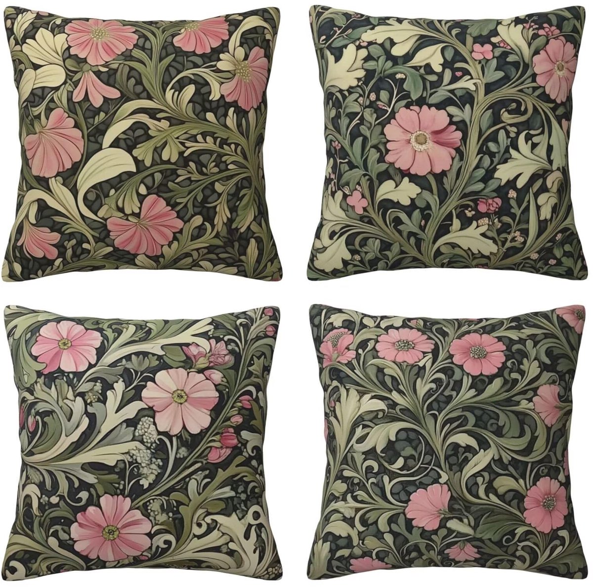 Set van 4 kussenhoezen, sierkussenhoezen, roze bloemen en groene bladeren, 65 x 65 cm, behaaglijk, kussenhoes met onzichtbare ritssluiting, zacht, wollig, voor tuin, woonkamer, decoratie, D2029
