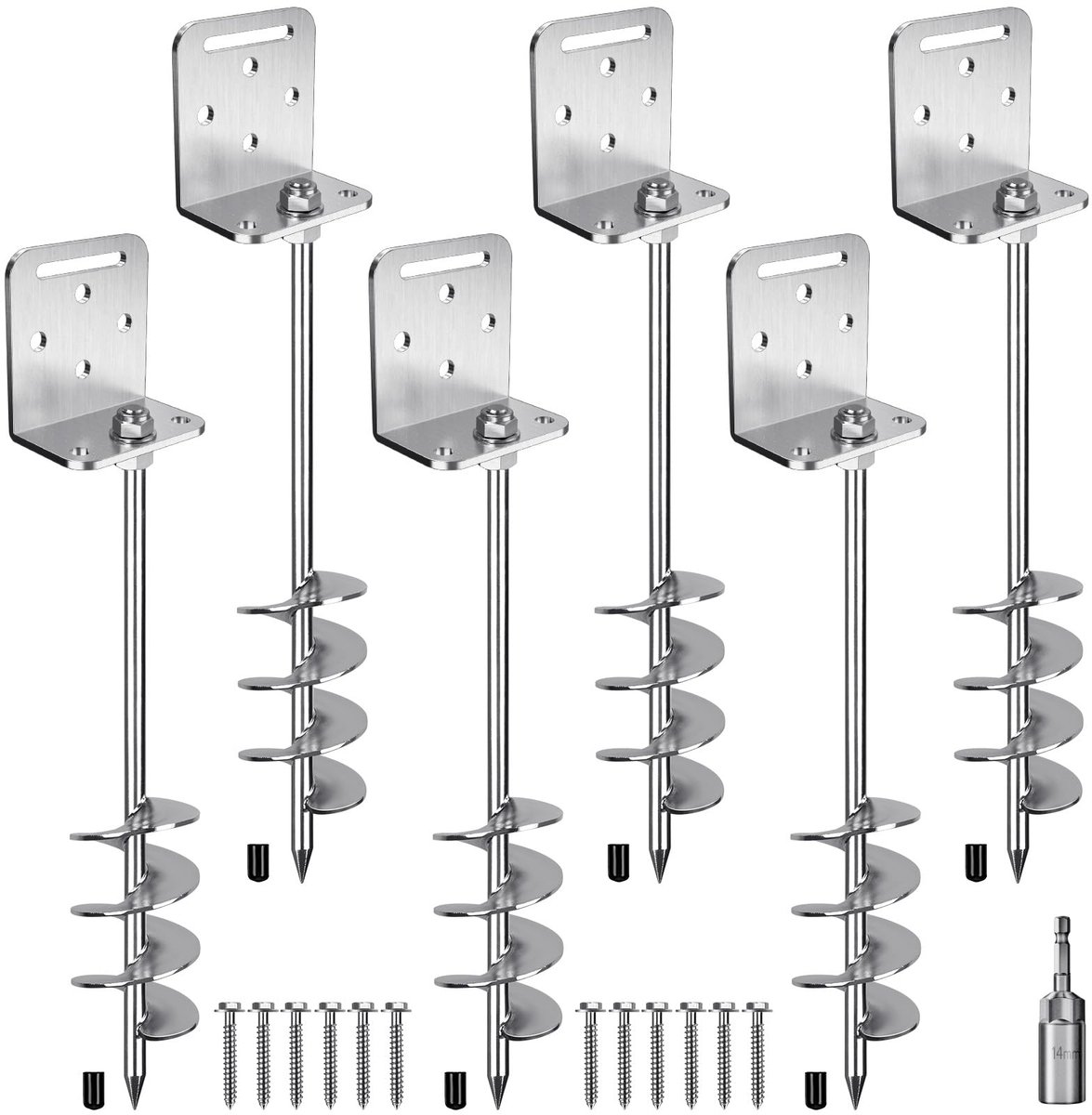 Tentspits Heavy Duty, 67 cm Grondschroef Trampolinespits 6-delige set Metalen Klimrek Aarde Zandspiraal 7,6 cm Windstootpunt voor Schommel/Camping/Schuur/Hond/Carport/Luifel met Vaste Plaat