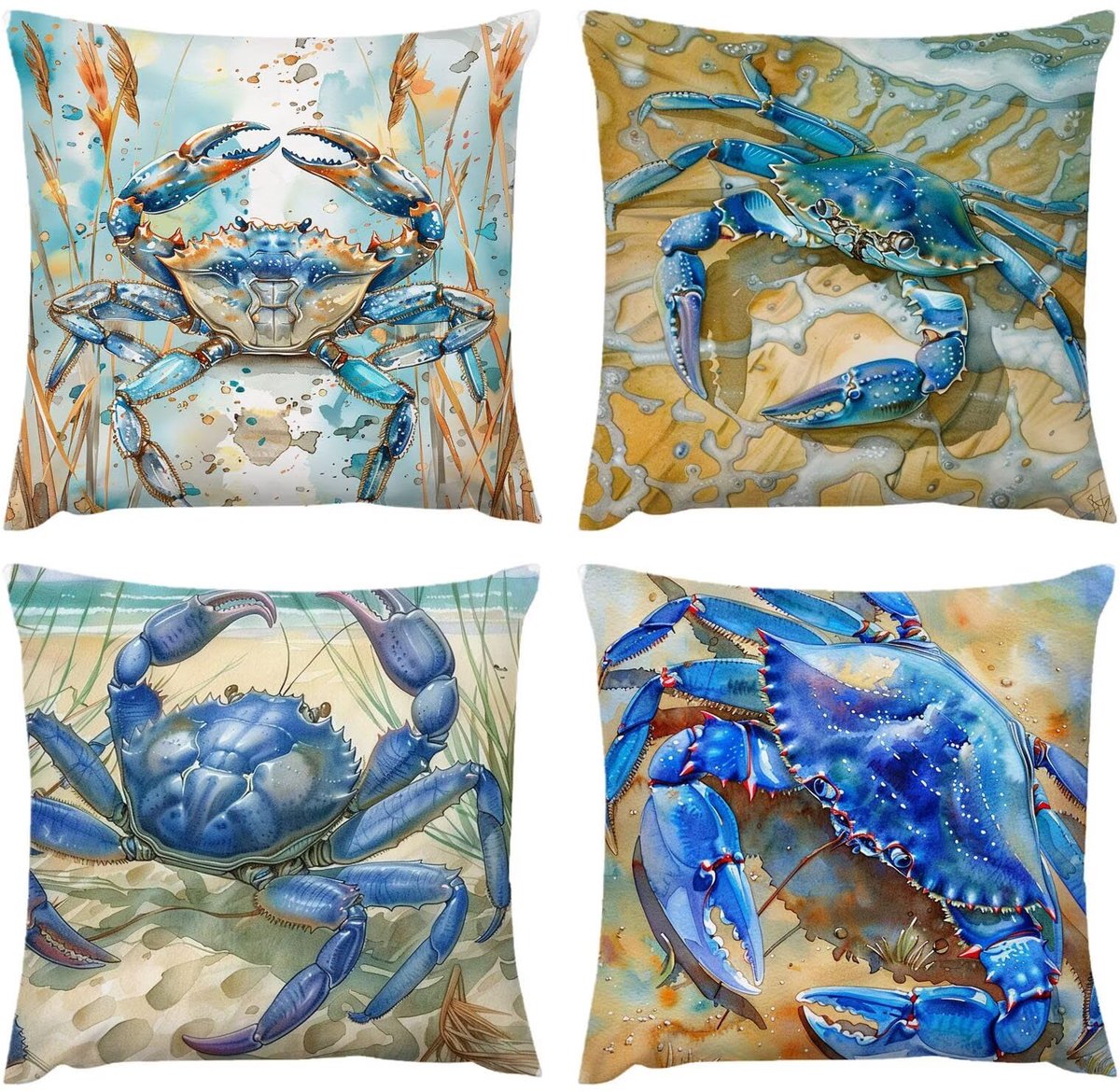 kussen, 50 x 50 cm, kussensloop, outdoor, waterdicht, krab, blauw kussen, 50 x 50 cm, set van 4, verborgen rits, bankkussen, decoratief kussen, decoratief, voor tuin, bank, woonkamer, bed, C