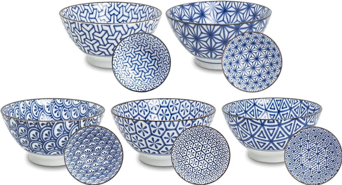 - Kommen set 5 - Bloemen blauw - Serviesset - Udon bowl - Eetset - Serveerschalen - Ontbijtkommen - Soepkommen - Saladeschaal - Slakom - Mengkom - Poke bowl - Noedels - Muesli - Dessertkommen
