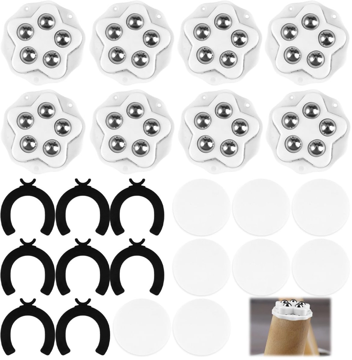 8 Stuks Kleine Kogelwielen voor Meubels 360 Graden Kogelwielen met 5 Stalen Balletjes en Rem Zelfklevende Wieltjes Tot 40kg Belastbaar voor Koffiezetapparaten, Mixers, Vuilnisbakken, Bloempotten (Wit)