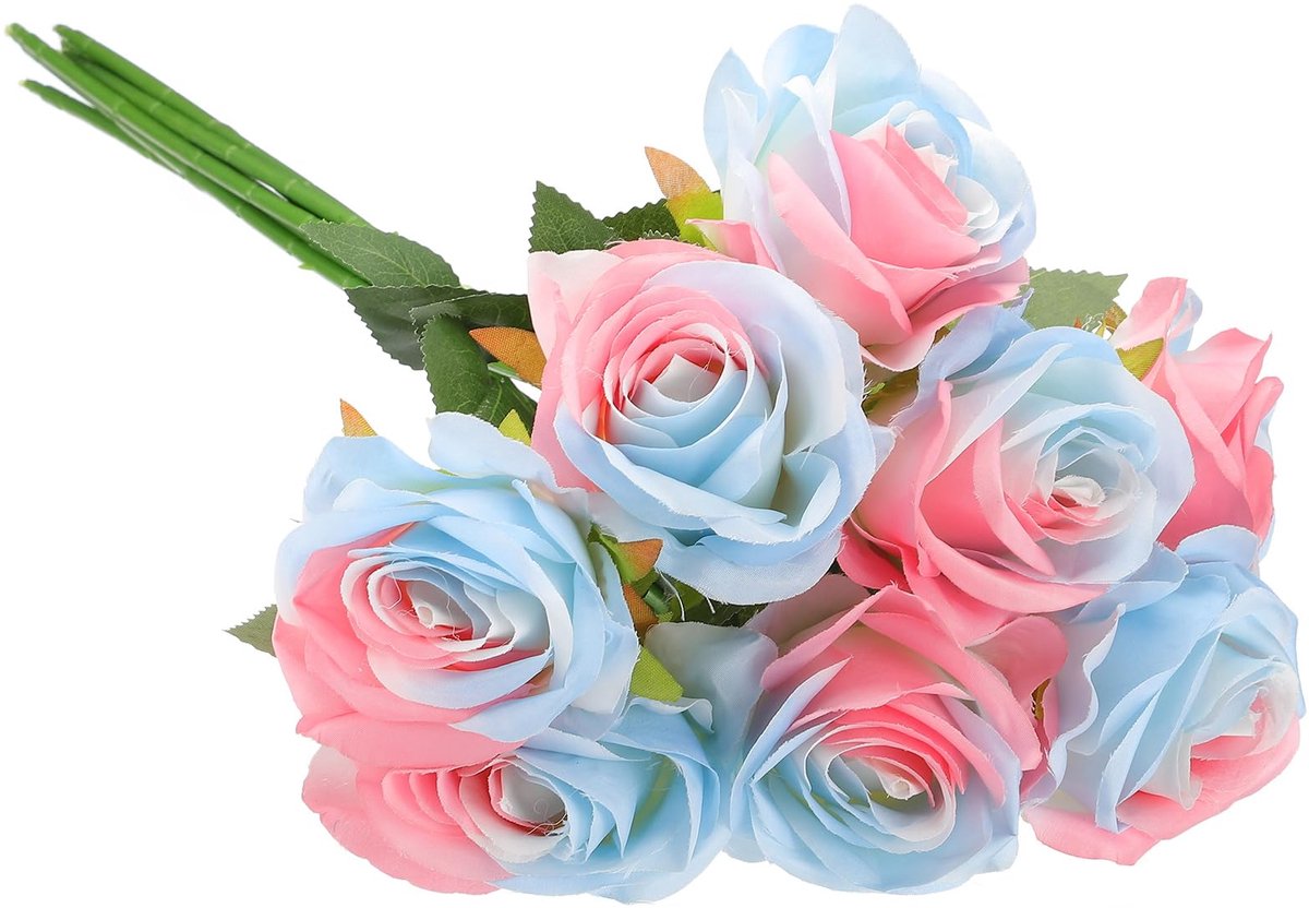 Kunstbloemen kunstrozen zijden rozen zijden rozen met lange stelen echte look echt touch boeket, gradiënt blauw roze