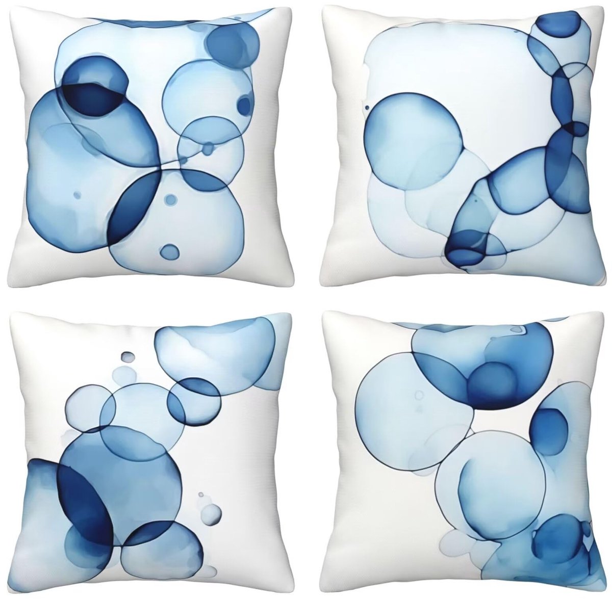 Set van 4 kussenhoezen, sierkussenhoezen met blauwe bubbels, 65 x 65 cm, behaaglijk, kussenhoes met onzichtbare ritssluiting, zacht, wollig, voor bankkussen, wasbaar, voor terras, tuin, bank en