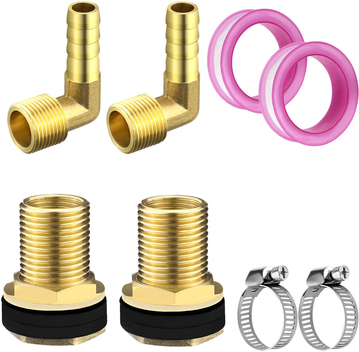Regentondoorvoer 2 stuks Tankdoorvoer 1/2 inch AG 3/8 inch binnendraad Vaatverbinding Tankverbinding van messing met 304 slangklemmen, voor regenvat, watertanks, cisternes