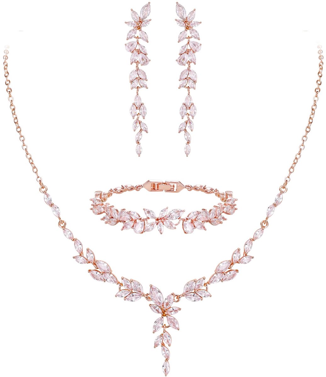 Sieradenset met kubieke zirkonia, voor bruid, bruidsmeisje, elegante marquise blad, bloem, bruiloft, halsketting, oorbellen, armbandset voor dames