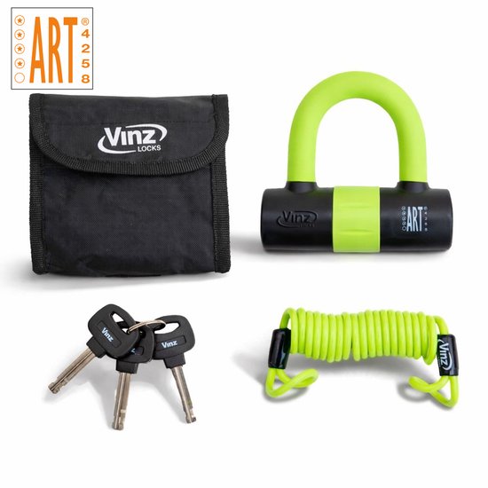 Set van een ART 4 goedgekeurd U-slot, met geel gecoate beugel, zwart handvat en gele band. Inclusief 3 sleutels, opbergtas en gele reminderkabel.