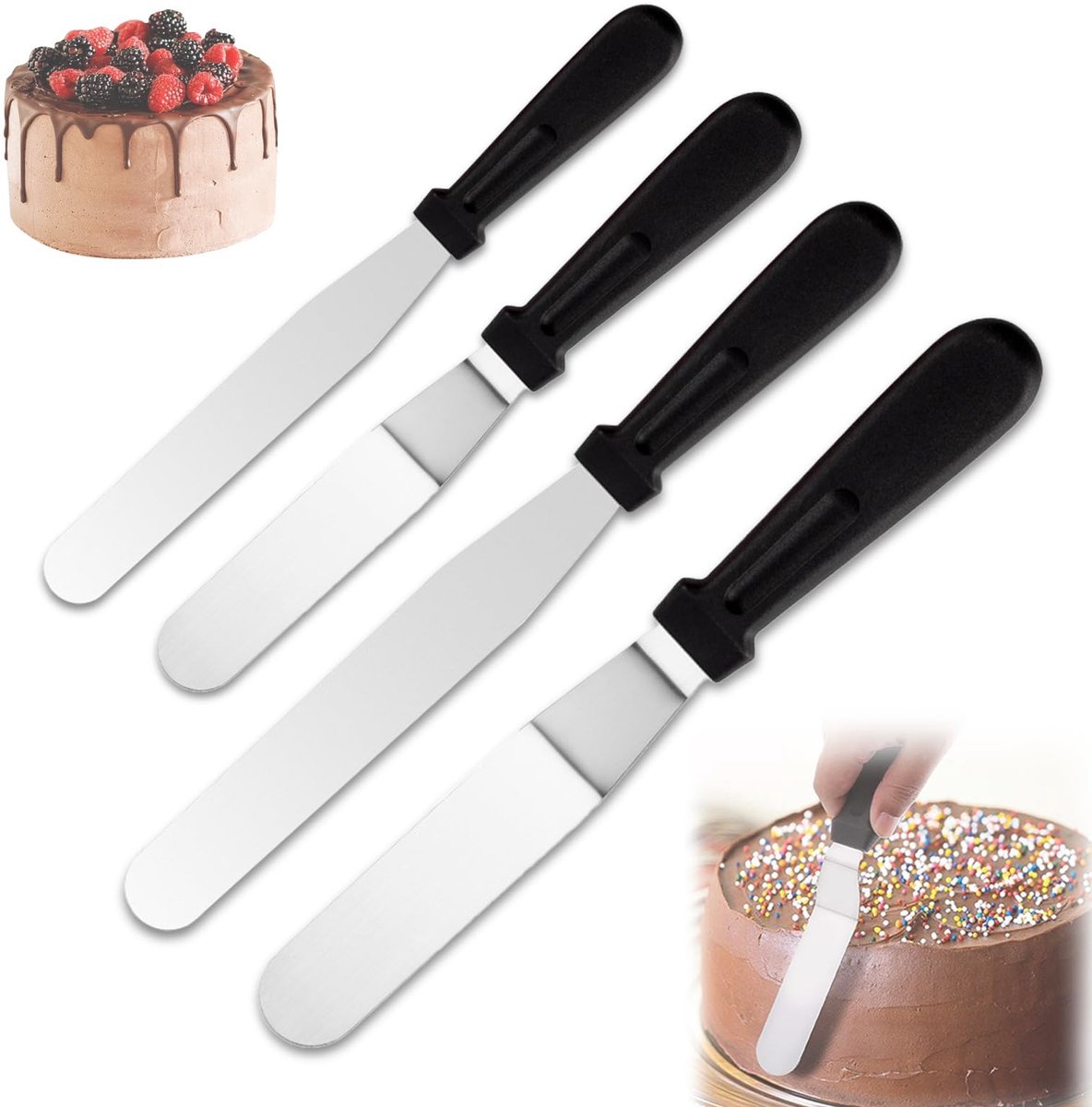 Dailygoods- Paletmes 4 Stuks - Roestvrijstalen Taartspatel - Offset Spatel - Antislip Handvat - Flexibel en Duurzaam - Voor Taartdecoratie