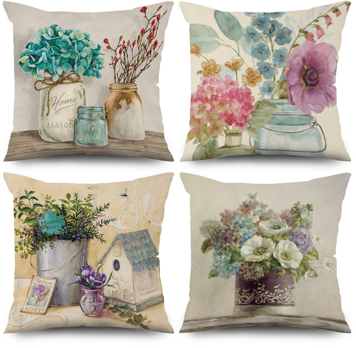Kussensloop 45x45 cm Set van 4, Retro Handgemaakt Bloem Sofa Kussen Dekokussen Kussenslopen Kussenhoes Wasbaar Polyester Vlas Textiel Outdoor Polster Hoofdkussenbeschermer Kussen