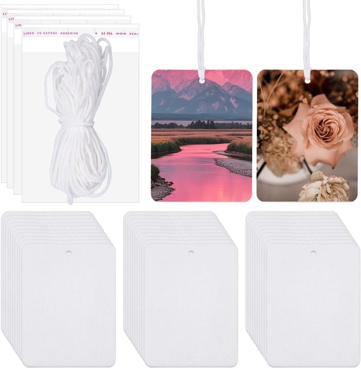 61 stuks 30 sets Sublimatie Luchtverfrisser Blanks Kit Vilt Sublimatie Blanco Dubbelzijdige Vilt Hangende Auto Luchtverfrisser Vellen Met Elastisch Touw Zelfsluitende Zakjes Voor DIY Geurende