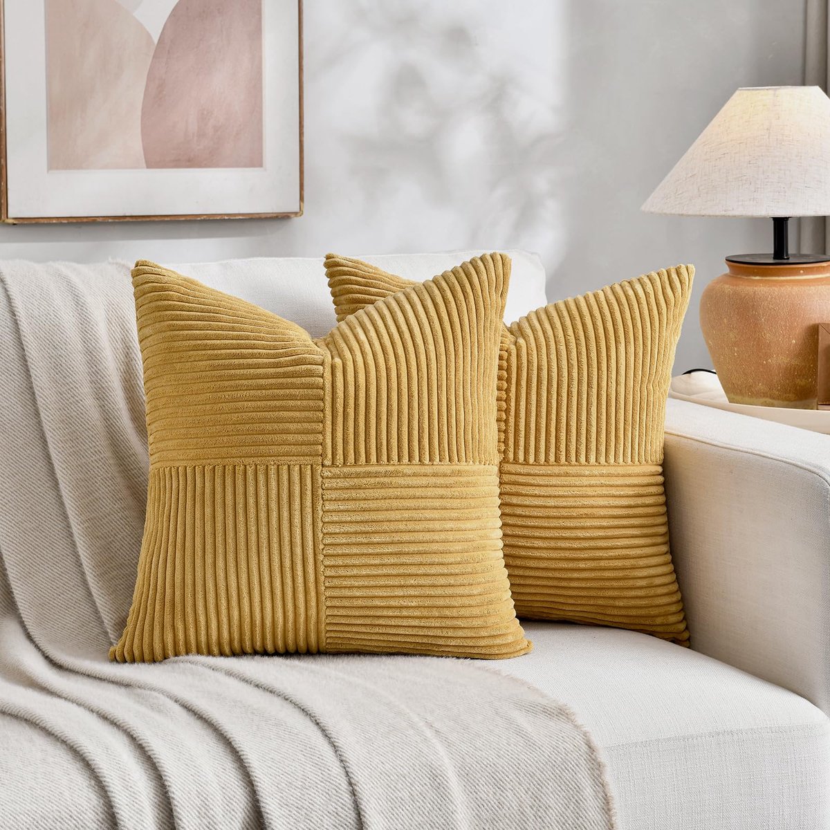 Set van 2 kussenhoezen, boho, corduroy, 60 x 60 cm, kurkumageel, zacht, decoratief, klassiek patroon met gekruiste strepen, onzichtbare ritssluiting, voor bank, bed, thuis