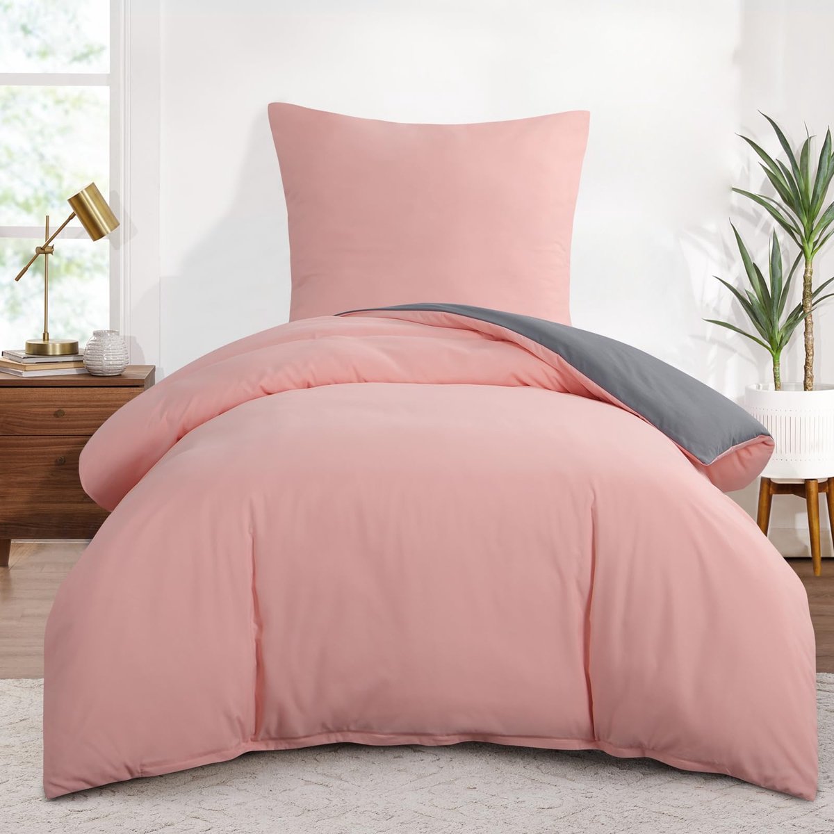 Omkeerbaar beddengoed, 155 x 220 cm, 2-delig, met ritssluiting, zachte microvezel, tweekleurig dekbedovertrek met kussensloop, roze en lichtgrijs