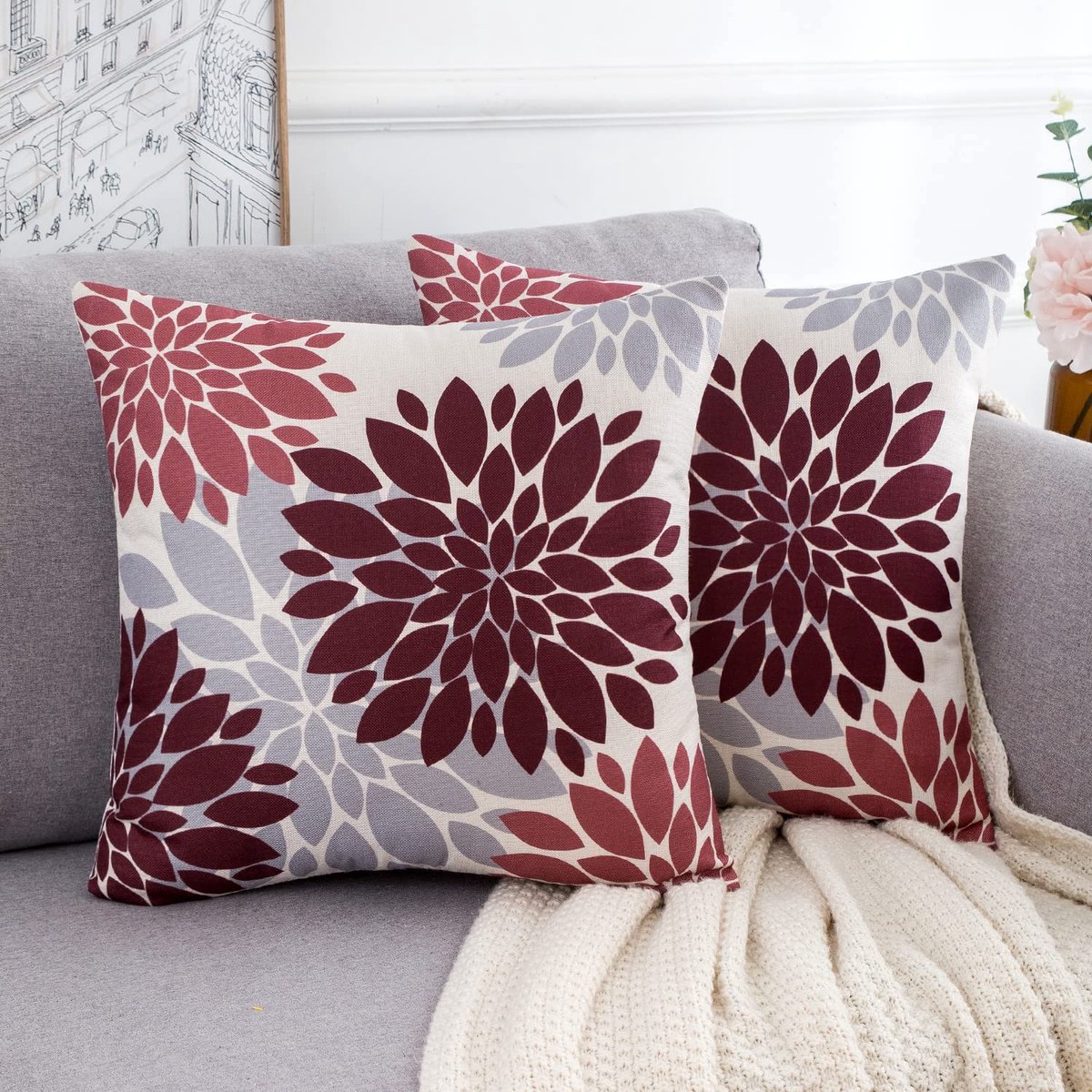 Kussensloop 45 x 45 cm, decoratieve bankkussenhoezen, modern Dahlia geometrisch patroon, linnen, zomer, kussensloop voor bank, woonkamer, slaapkamer, set, 2 stuks, rood en grijs