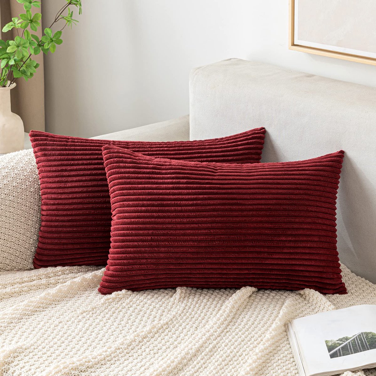 Corduroy kussenhoes, decoratieve kussenhoes voor bankkussen, 40 x 60 cm, decoratieve zachte kussenhoezen, voor bank, stoel, slaapkamer, wijnrood