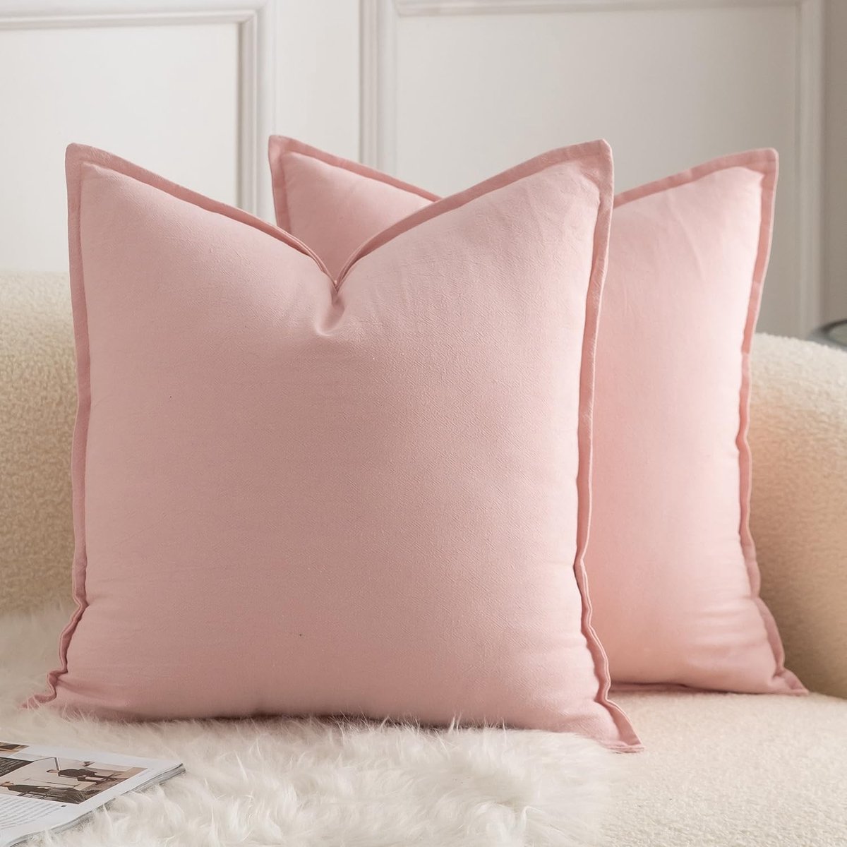 Set van 2 neutrale katoenen kussenhoezen, 50 x 50 cm, decoratieve kussenslopen, sierkussen, boho, bankkussen, sierkussen, kussenhoes voor bank, woonkamer, slaapkamer, roze